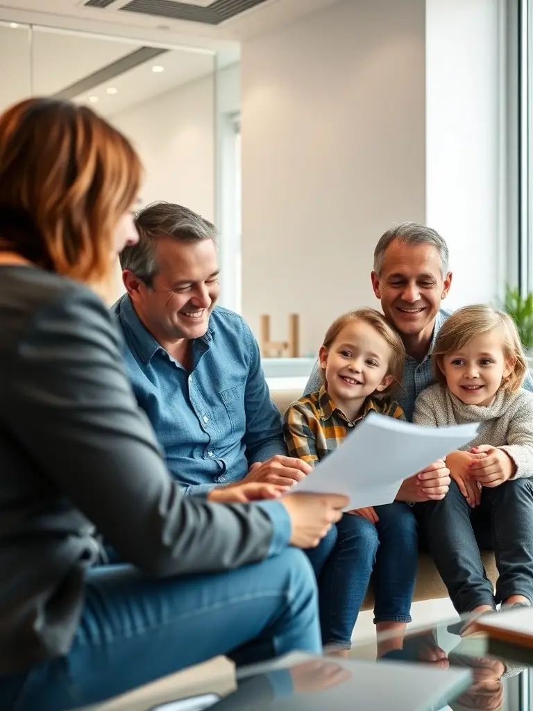 A family discussing financial plans with a consultant in a modern office setting, emphasizing wealth management and financial security.