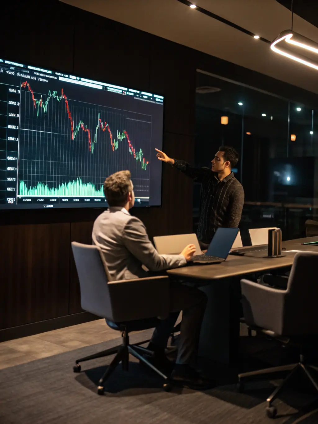 An image of a financial advisor analyzing market charts on a laptop with Mexico City skyline in the background, representing investment strategies tailored for the Mexican market.
