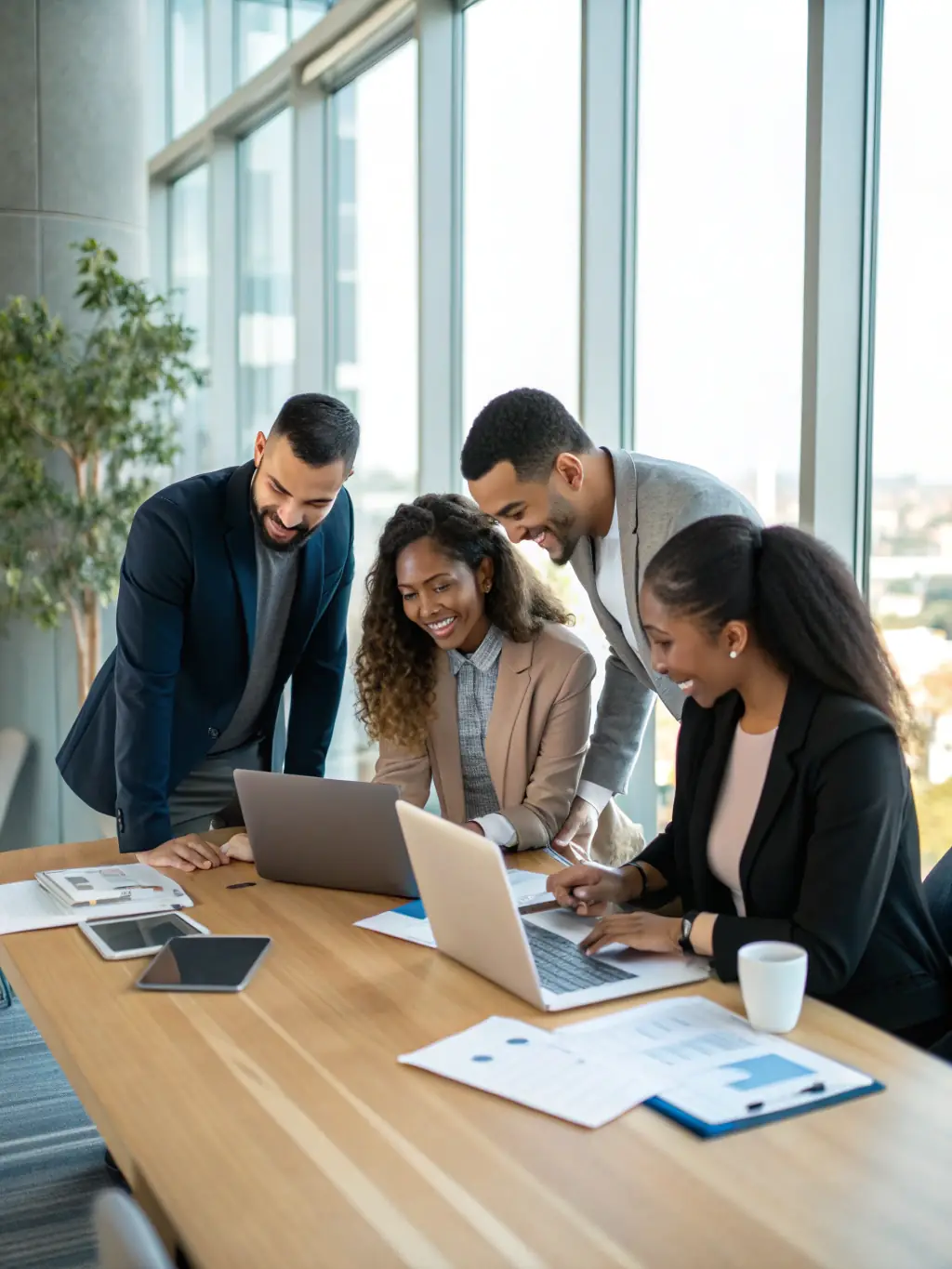 A diverse group of Mexican professionals collaborating on financial strategies in a modern office environment, showcasing teamwork and expertise.