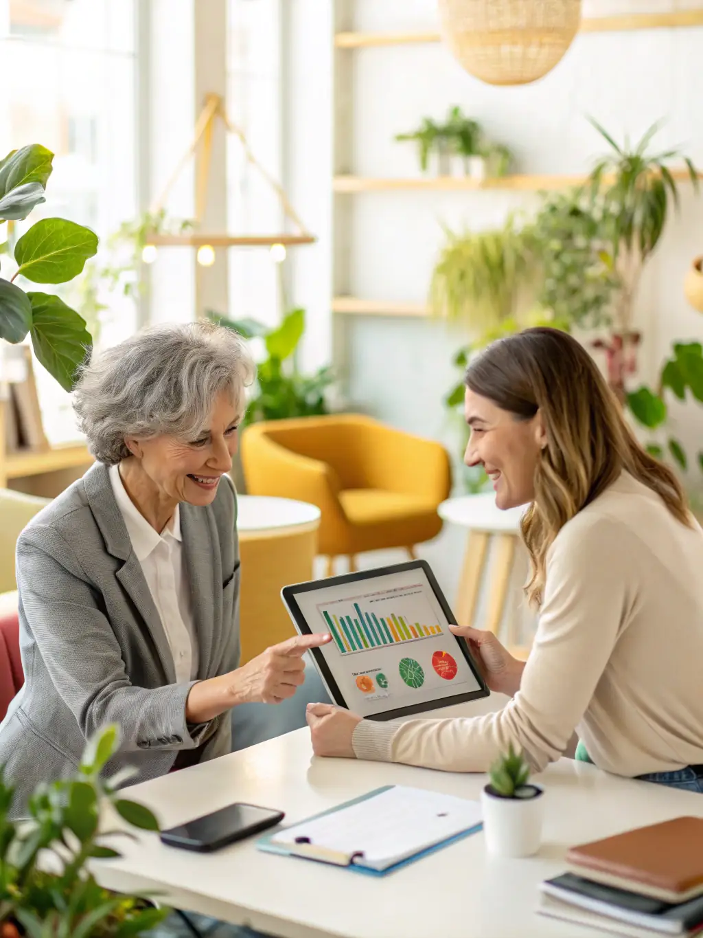 A planner and client reviewing financial documents and charts in a modern office setting, illustrating detailed financial planning services.