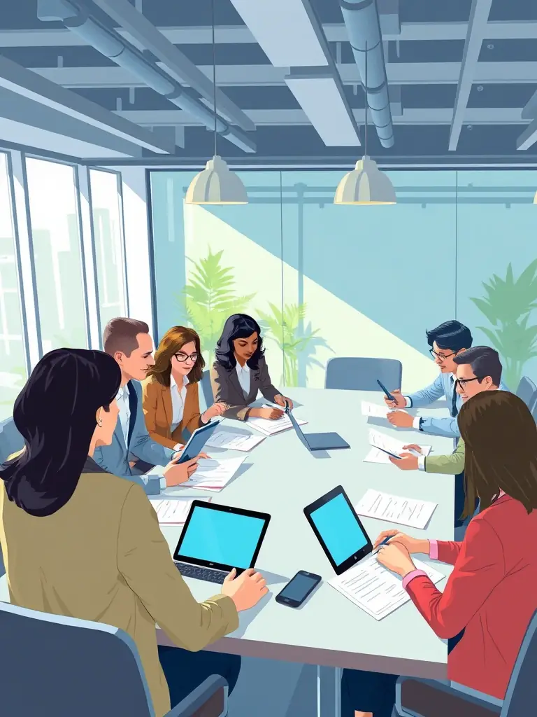A diverse group of business professionals collaborating on financial strategies in a modern office environment, representing business financial consulting.