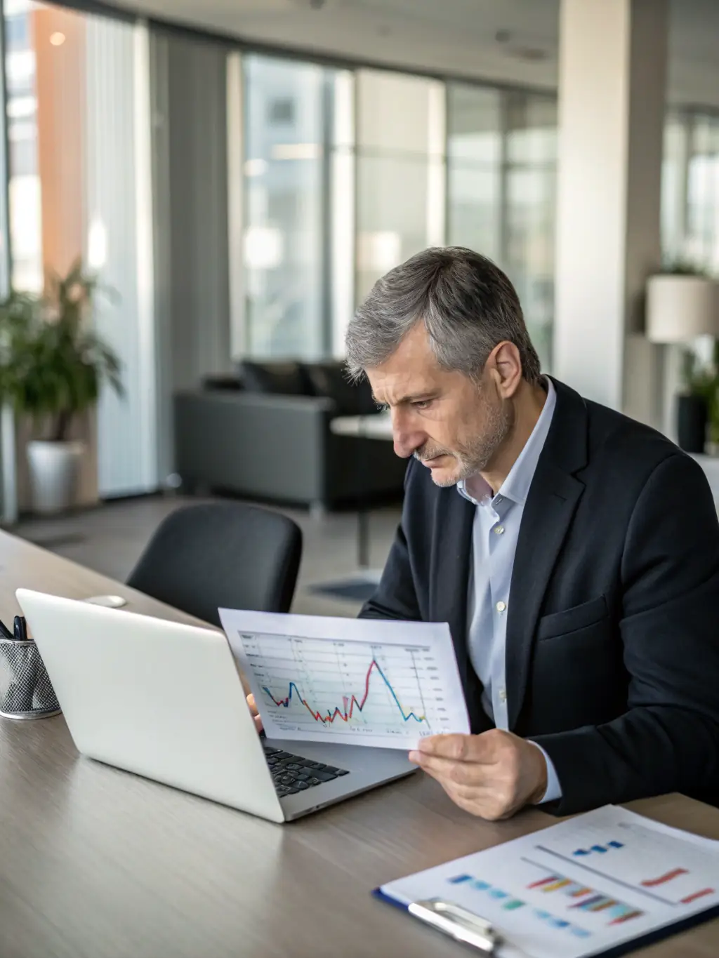 A professional investor analyzing stock market data on a computer screen, with charts and graphs visible in the background, representing investment strategies.